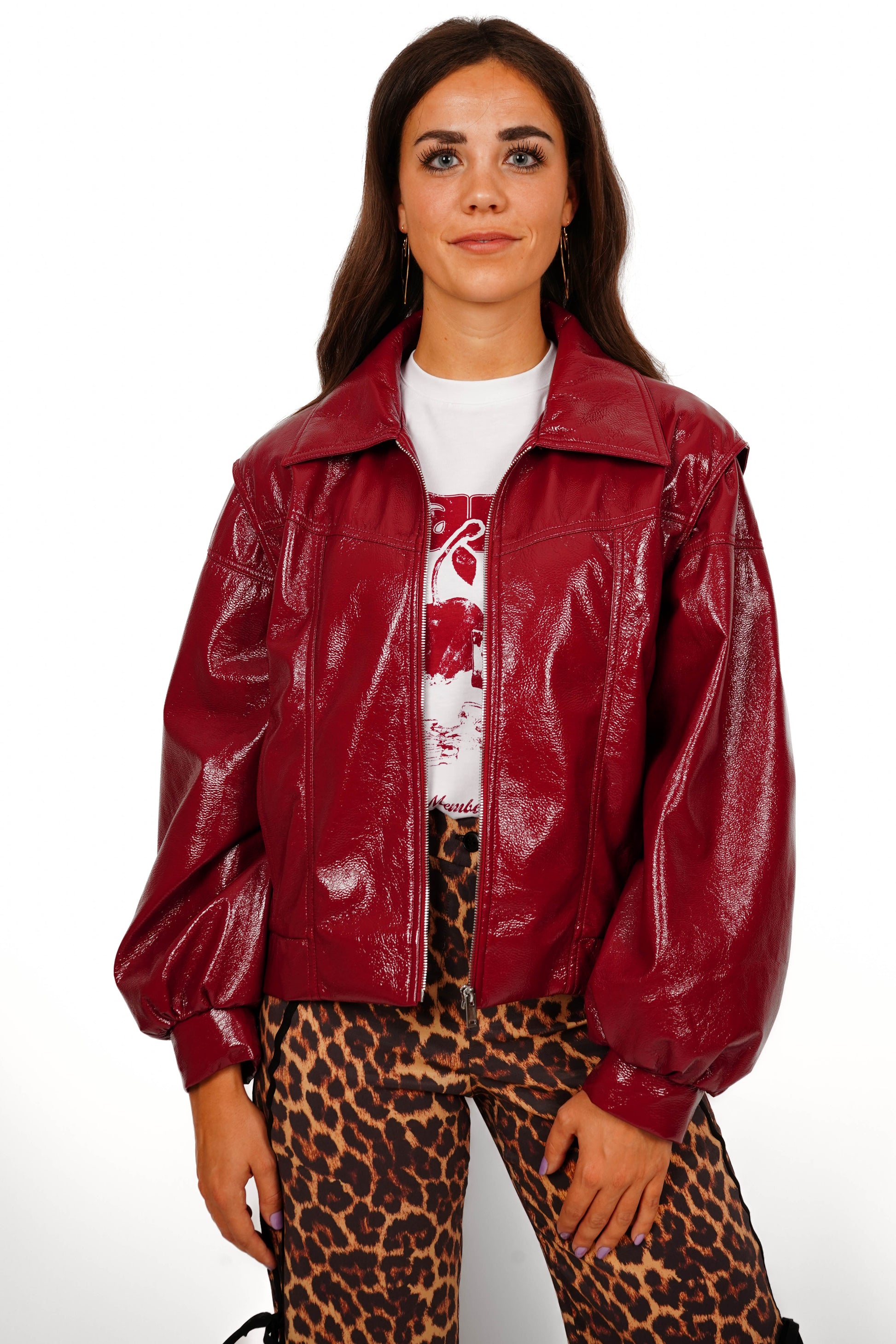 Laagam Cupido Red Faux Leather Bomber Jacket