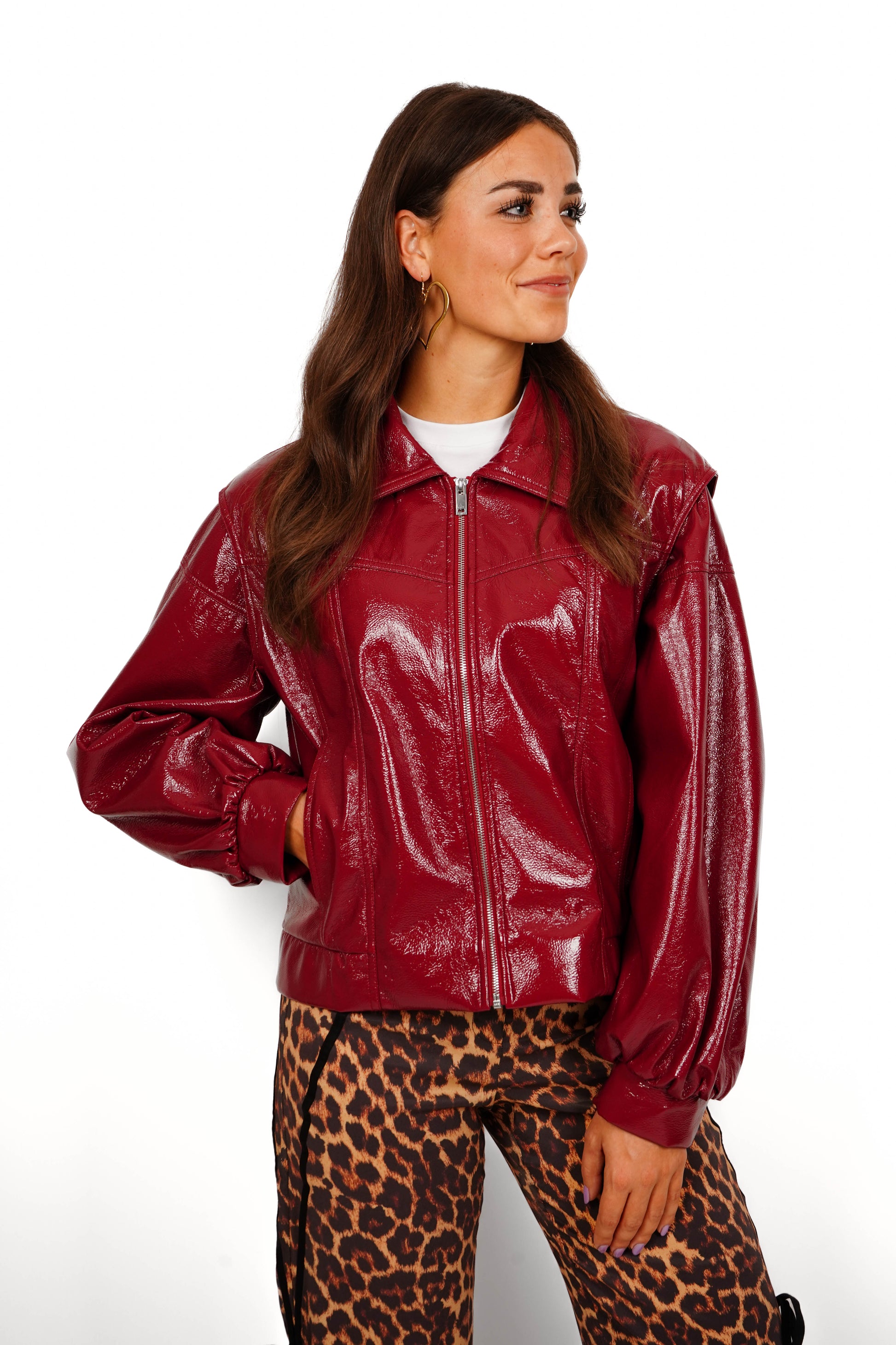 Laagam Cupido Red Faux Leather Bomber Jacket